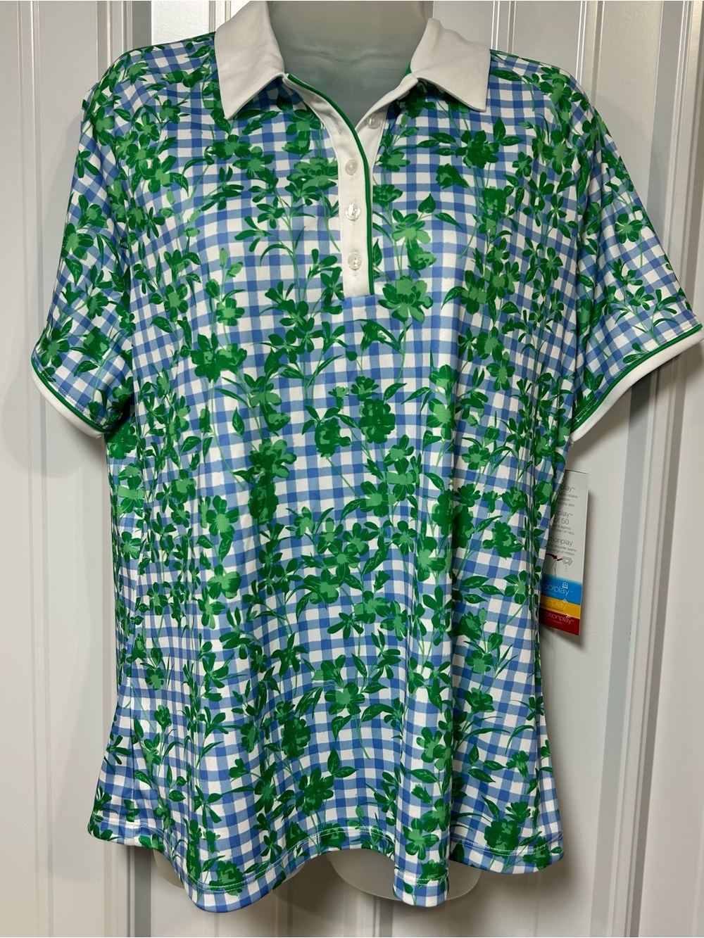 Women's Green Floral Gingham Button-Down Polo Top